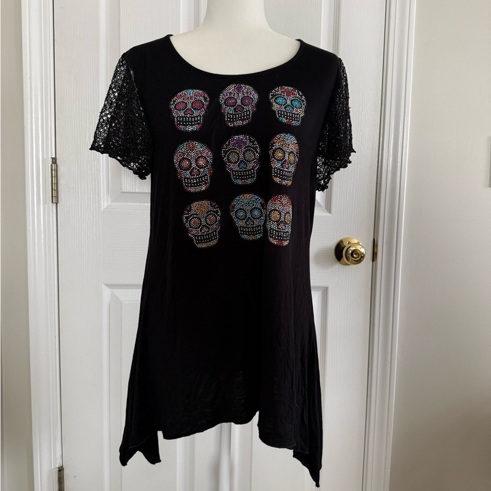 Song and Spirit Black Top w/ Rhinestone Sugar Skulls & Lace Sleeves - SzL